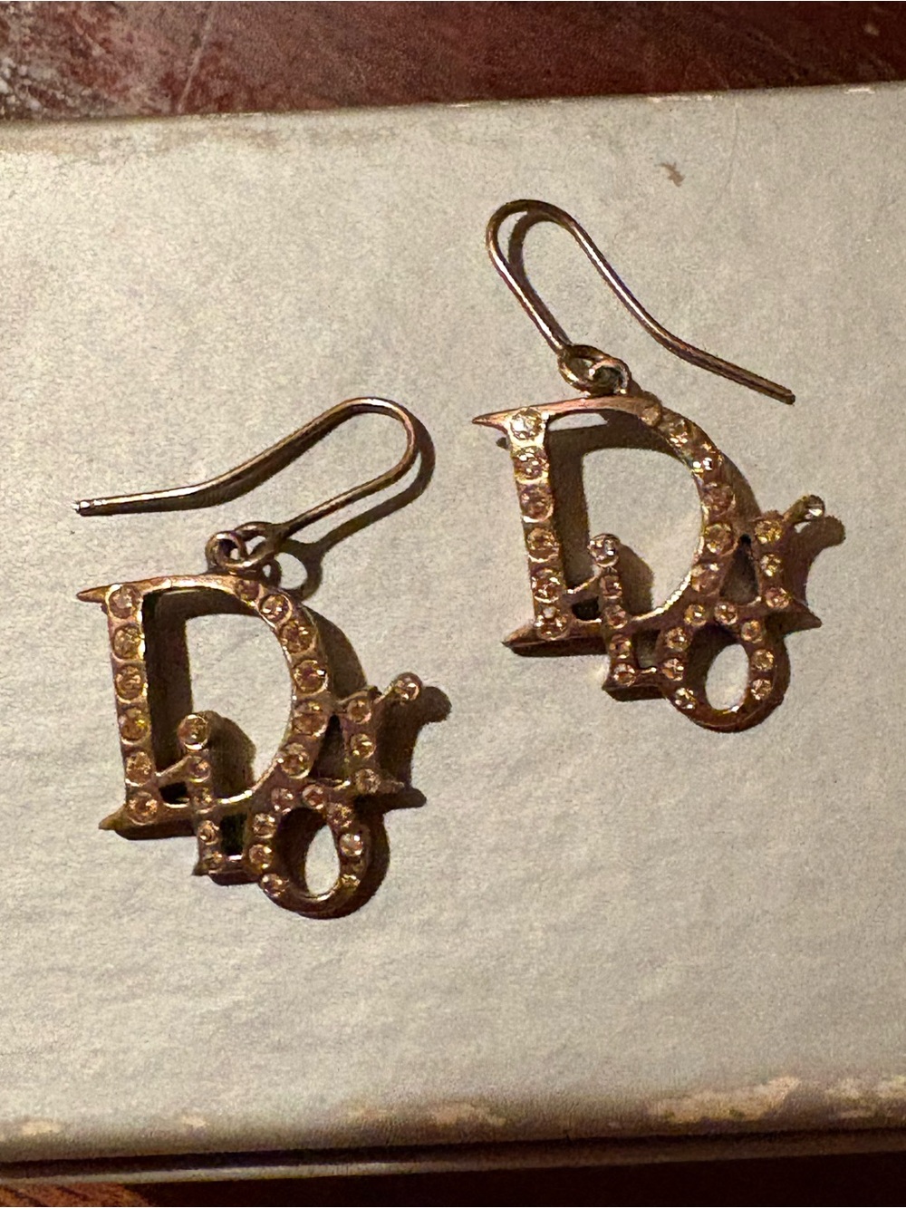 AUTHENTIC Dior Gold Crystal 'D' Logo Dangle Earrings
